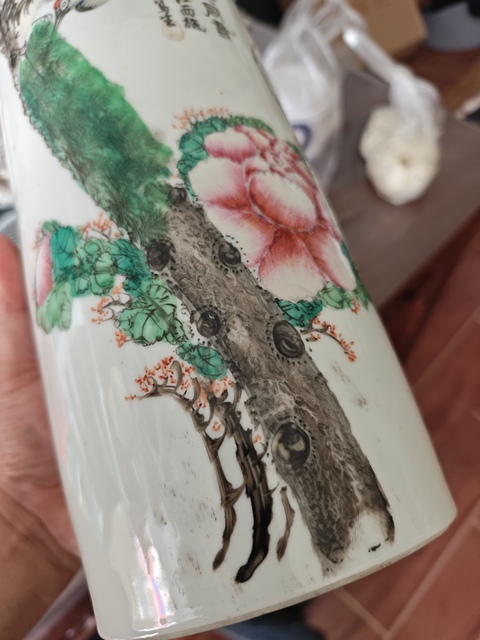 古玩陶瓷民國粉彩瑞鶴花卉紋帽筒真品鑒賞圖