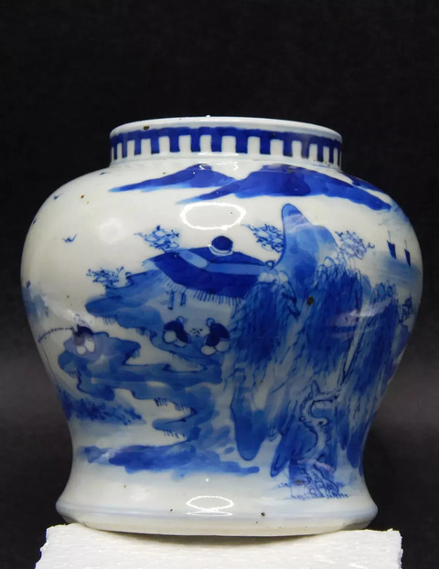 古玩陶瓷青花山水人物紋罐真品鑒賞圖