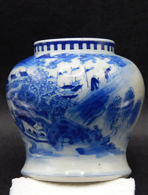 古玩陶瓷青花山水人物紋罐真品鑒賞圖
