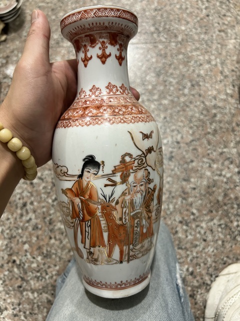 古玩陶瓷墨彩礬紅雉雞牡丹圖盤口瓶40-50年代真品鑒賞圖