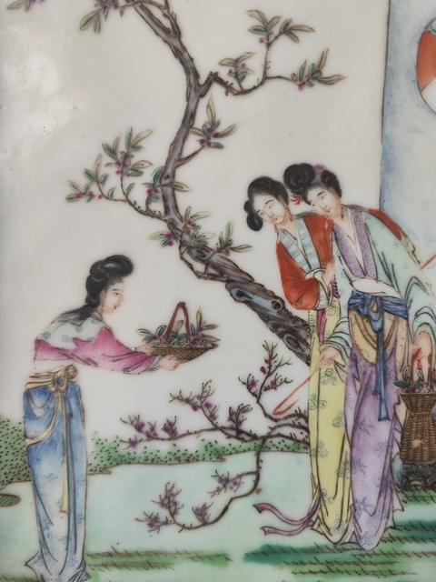 古玩陶瓷民國細路粉彩瓷板真品鑒賞圖