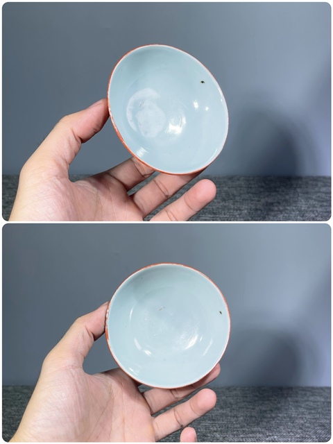 古玩陶瓷珊瑚紅留白蘭花紋茶圓真品鑒賞圖