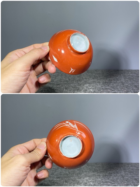 古玩陶瓷珊瑚紅留白蘭花紋茶圓真品鑒賞圖