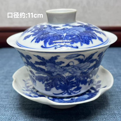 古玩陶瓷清光緒青花花卉紋蓋碗一組真品鑒賞圖