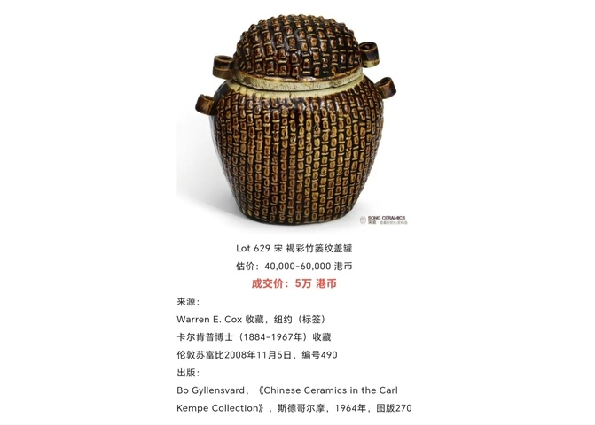 古玩陶瓷蘇富比拍賣同款清代褐釉竹簍紋蓋罐拍賣,當前價格114元