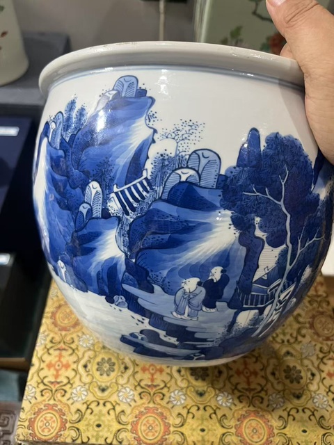 古玩陶瓷青花山水人物紋案缸，注意品相真品鑒賞圖