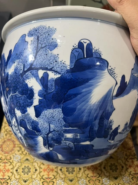 古玩陶瓷青花山水人物紋案缸，注意品相真品鑒賞圖