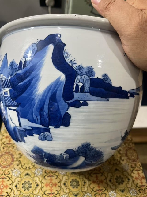 古玩陶瓷青花山水人物紋案缸，注意品相真品鑒賞圖