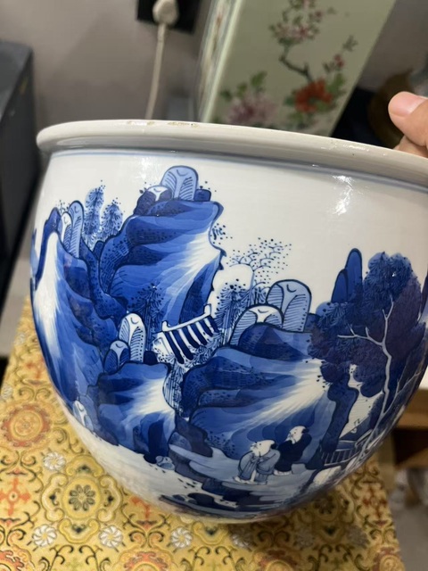 古玩陶瓷青花山水人物紋案缸，注意品相真品鑒賞圖