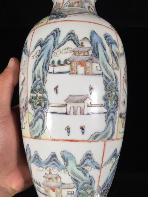 古玩陶瓷樓臺亭閣山水粉彩瓶真品鑒賞圖