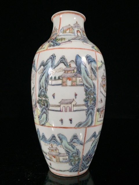 古玩陶瓷樓臺亭閣山水粉彩瓶真品鑒賞圖