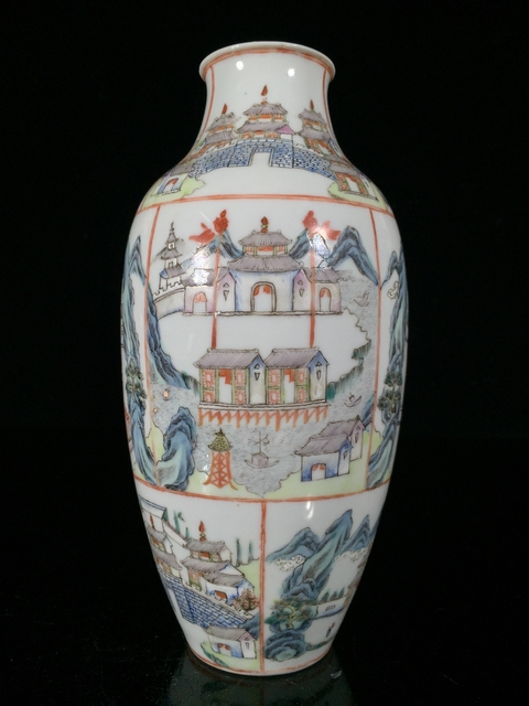 古玩陶瓷樓臺亭閣山水粉彩瓶真品鑒賞圖