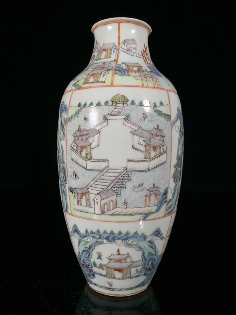 古玩陶瓷樓臺亭閣山水粉彩瓶真品鑒賞圖