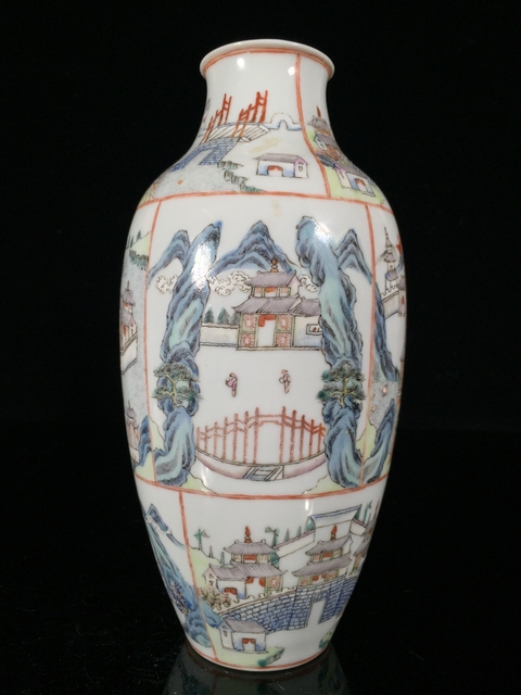 古玩陶瓷樓臺亭閣山水粉彩瓶真品鑒賞圖