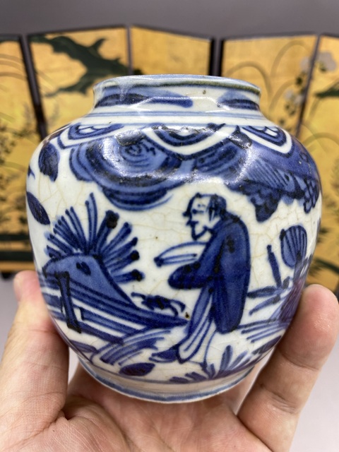 古玩陶瓷明嘉萬時期 青花人物故事紋手把罐拍賣，當前價格10000元