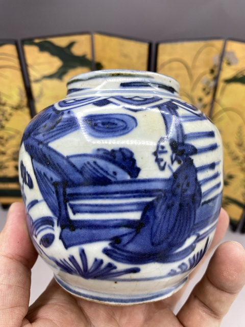 古玩陶瓷明嘉萬時期 青花人物故事紋手把罐拍賣，當前價格10000元