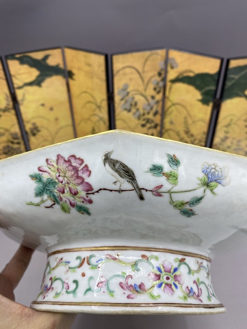 古玩陶瓷粉彩花鳥紋八方貢盤真品鑒賞圖