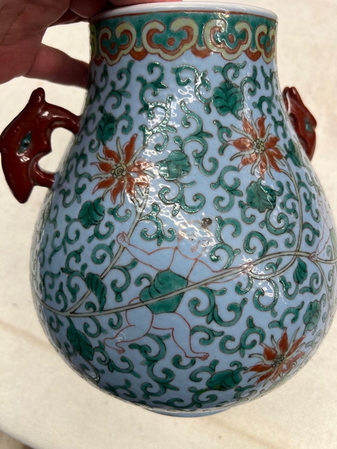 古玩陶瓷民國天青釉五彩鳩耳尊真品鑒賞圖