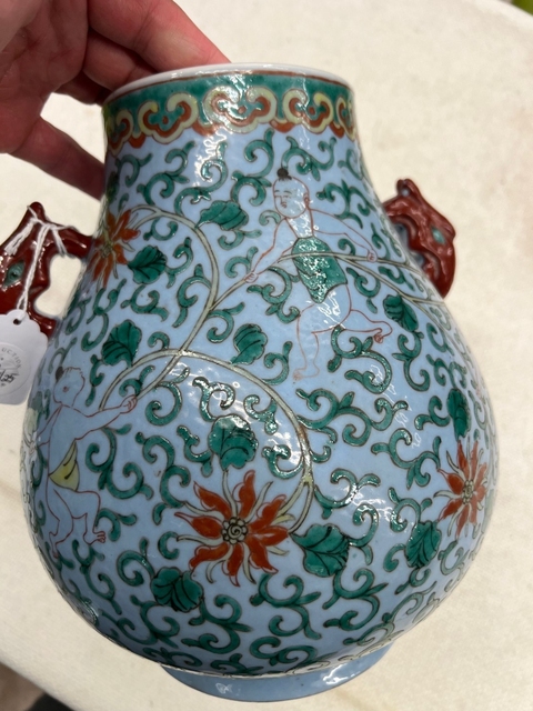 古玩陶瓷民國天青釉五彩鳩耳尊真品鑒賞圖