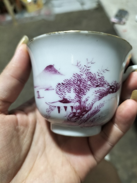 古玩陶瓷胭脂紅山水人物杯真品鑒賞圖