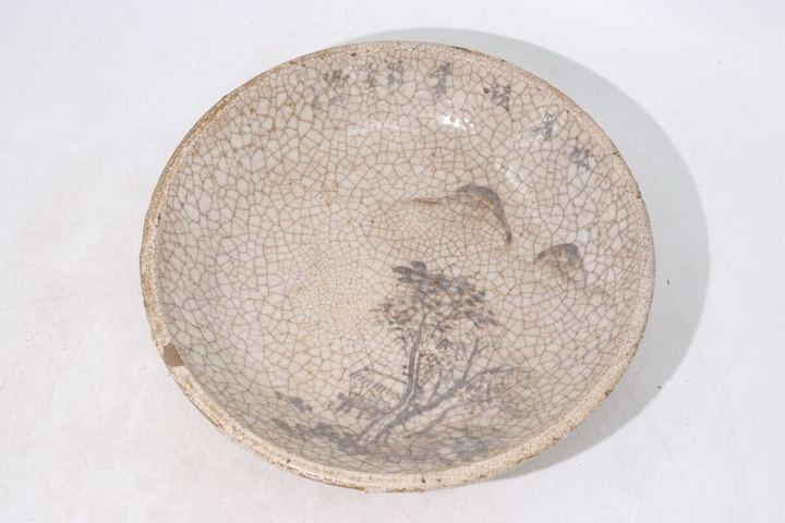 古玩陶瓷日本江戶志野燒彩繪山水人物盤真品鑒賞圖