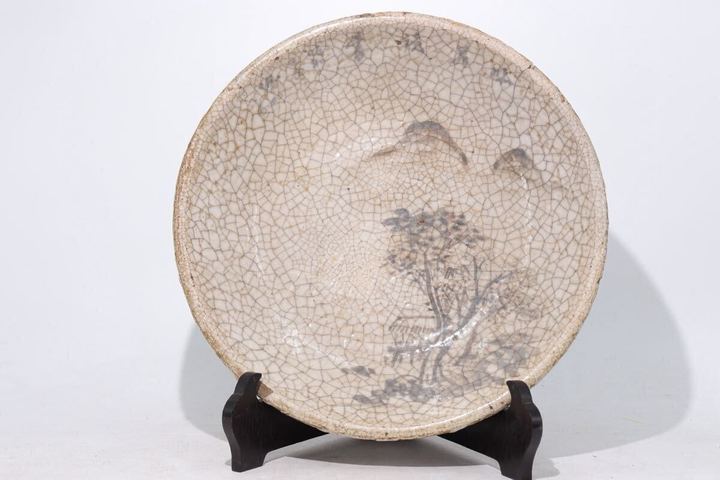 古玩陶瓷日本江戶志野燒彩繪山水人物盤真品鑒賞圖