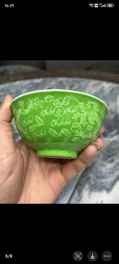 古玩陶瓷綠地匝道雙龍戲珠紋碗真品鑒賞圖