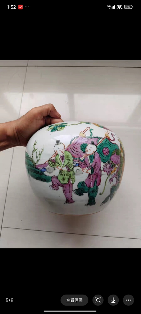 古玩陶瓷麒麟送子粉彩西瓜罐真品鑒賞圖