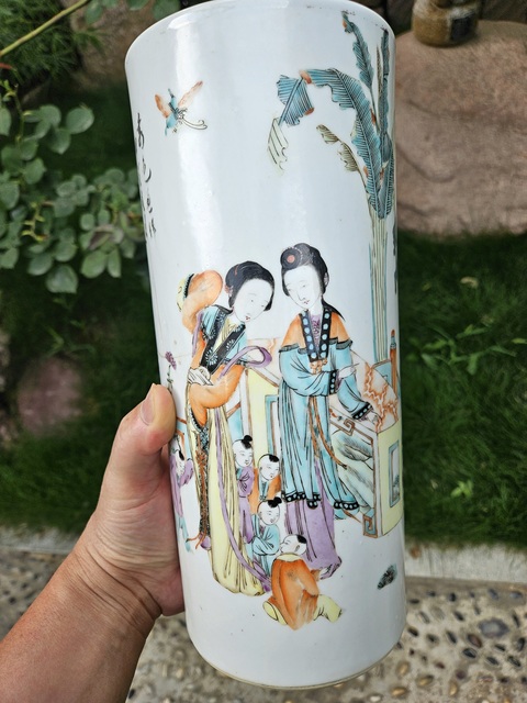 古玩陶瓷粉彩仕女人物帽筒真品鑒賞圖