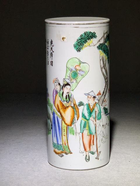 古玩陶瓷粉彩人物故事紋帽筒真品鑒賞圖