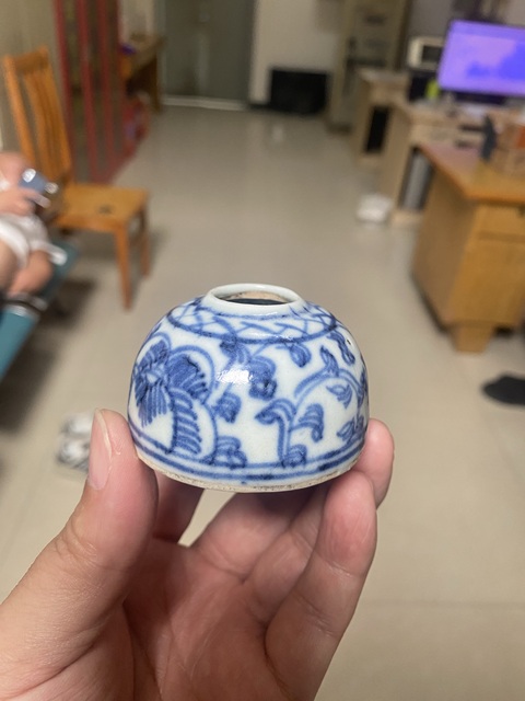 古玩陶瓷道光淡描青花水盂真品鑒賞圖
