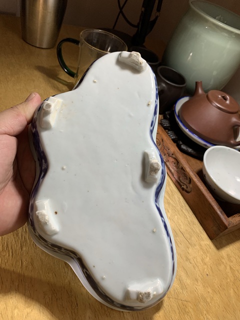 古玩陶瓷青花纏枝花卉紋蝴蝶型水仙盆真品鑒賞圖
