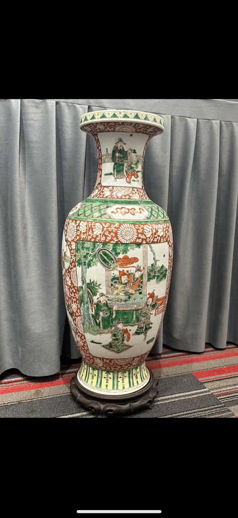 古玩陶瓷五彩人物故事紋盤口瓶，富貴壽考圖真品鑒賞圖
