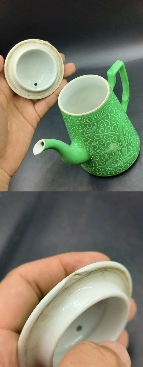 古玩陶瓷綠釉堆白龍紋茶壺真品鑒賞圖