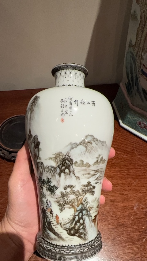 古玩陶瓷民國(guó) 劉禪繪新粉彩山水紋瓶真品鑒賞圖