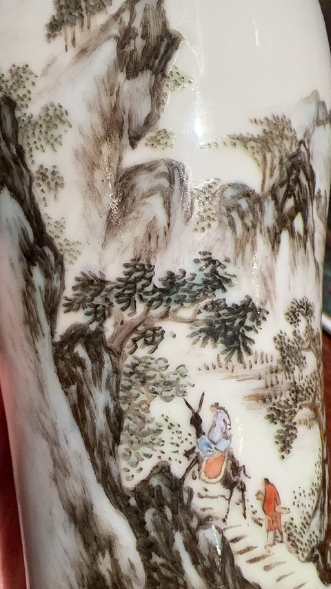 古玩陶瓷民國(guó) 劉禪繪新粉彩山水紋瓶真品鑒賞圖