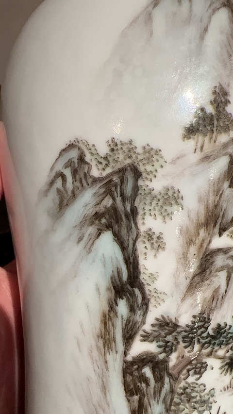 古玩陶瓷民國(guó) 劉禪繪新粉彩山水紋瓶真品鑒賞圖