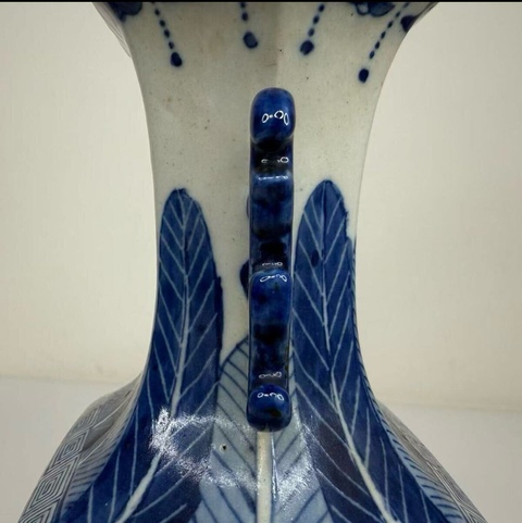 古玩陶瓷青花長壽紋六方雙耳瓶真品鑒賞圖