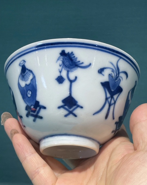 古玩陶瓷清光緒博古圖青花杯拍賣,當前價格2200元