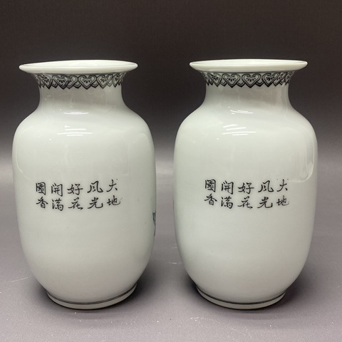 古玩陶瓷解放初·花鳥詩文·燈籠瓶·一對拍賣,當前價格890元