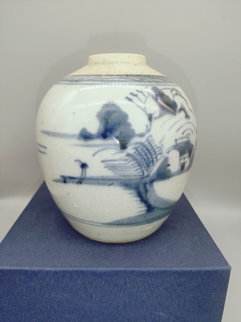 古玩陶瓷清乾隆，山水人物青花罐拍賣，當前價格960元