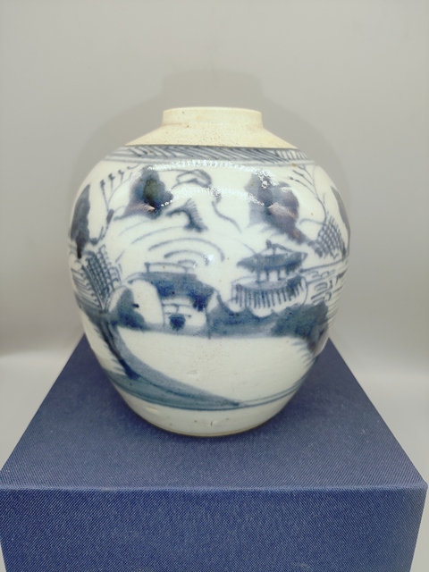 古玩陶瓷清乾隆，山水人物青花罐拍賣，當前價格960元