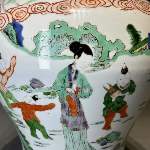 古玩陶瓷仕女嬰戲紋五彩將軍罐真品鑒賞圖
