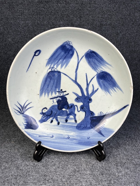 古玩陶瓷青花牧牛圖紋盤真品鑒賞圖