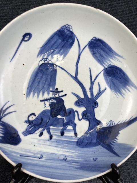 古玩陶瓷青花牧牛圖紋盤真品鑒賞圖