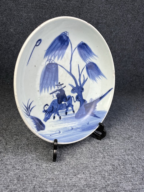 古玩陶瓷青花牧牛圖紋盤真品鑒賞圖