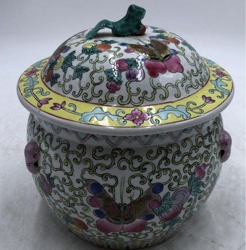 古玩陶瓷粉彩瓜蝶連綿四系粥罐真品鑒賞圖