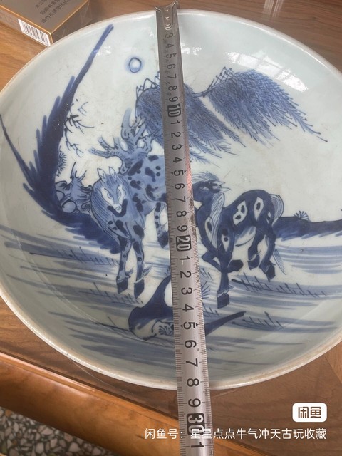古玩陶瓷柳蔭棲馬紋青花盤真品鑒賞圖