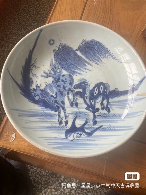 古玩陶瓷柳蔭棲馬紋青花盤真品鑒賞圖