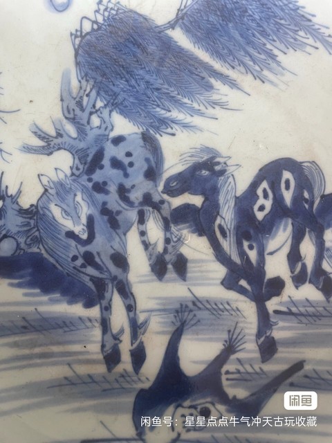 古玩陶瓷柳蔭棲馬紋青花盤真品鑒賞圖